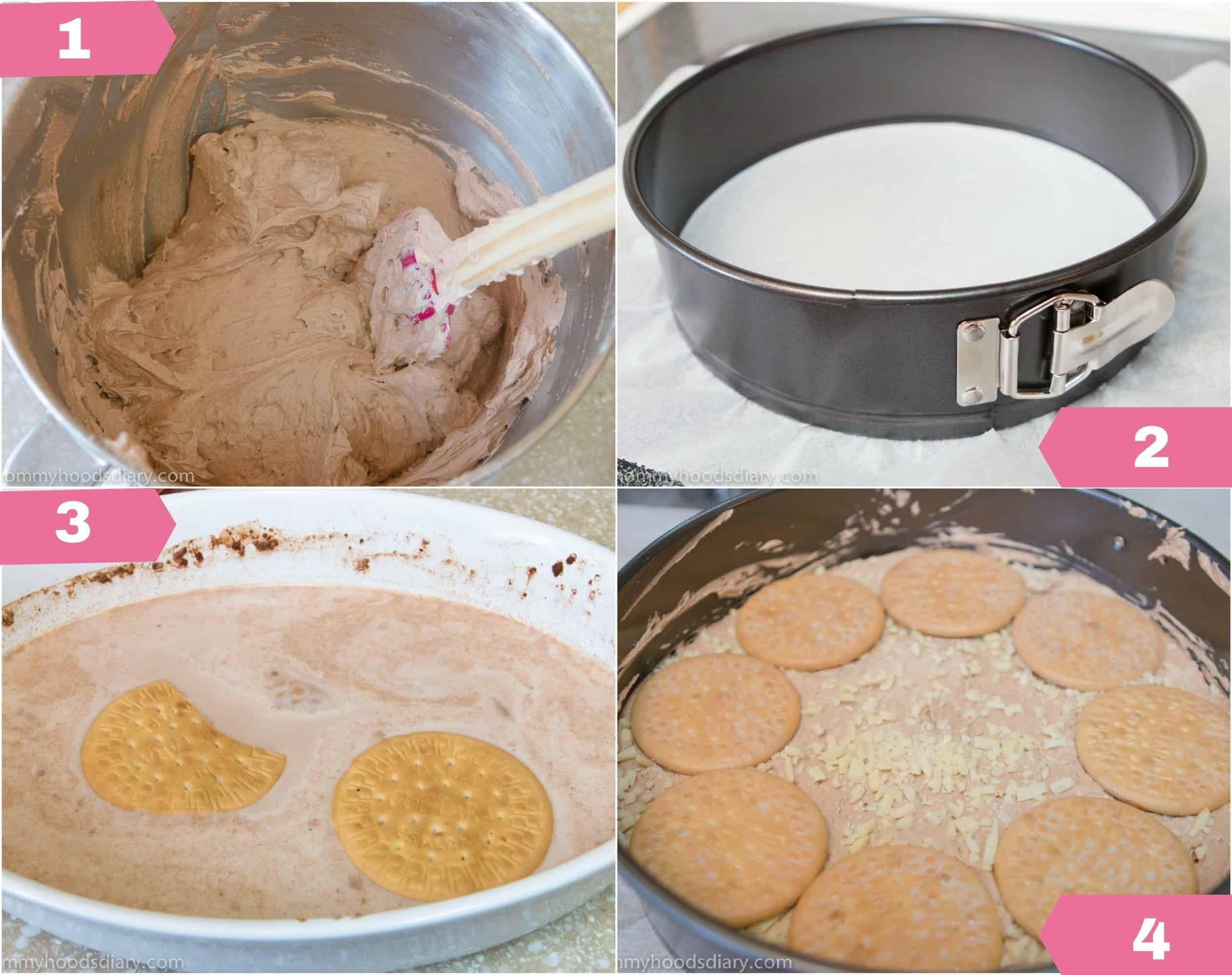 four phots showing the steps to make venezuelan marquesa dessert