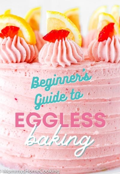 closeup of a eggless strawberry cake with text overlay
