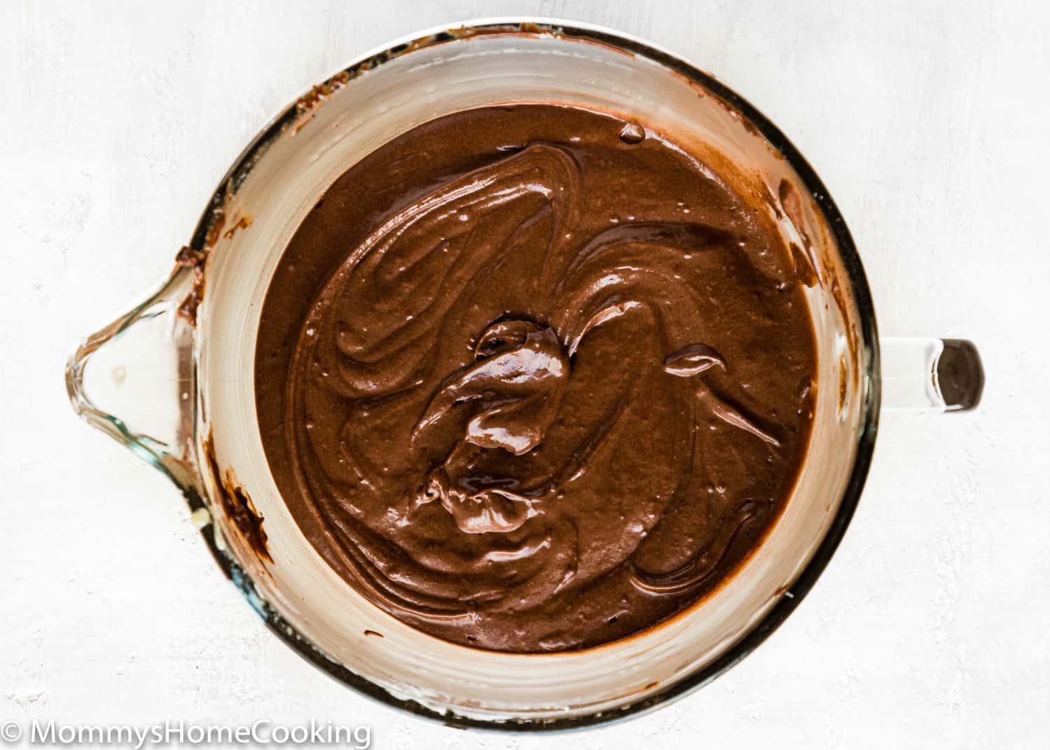egg-free chocolate cake batter in a mixing bowl. 