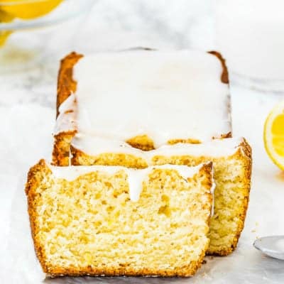 sliced Eggless Lemon Pound Cake with glaze