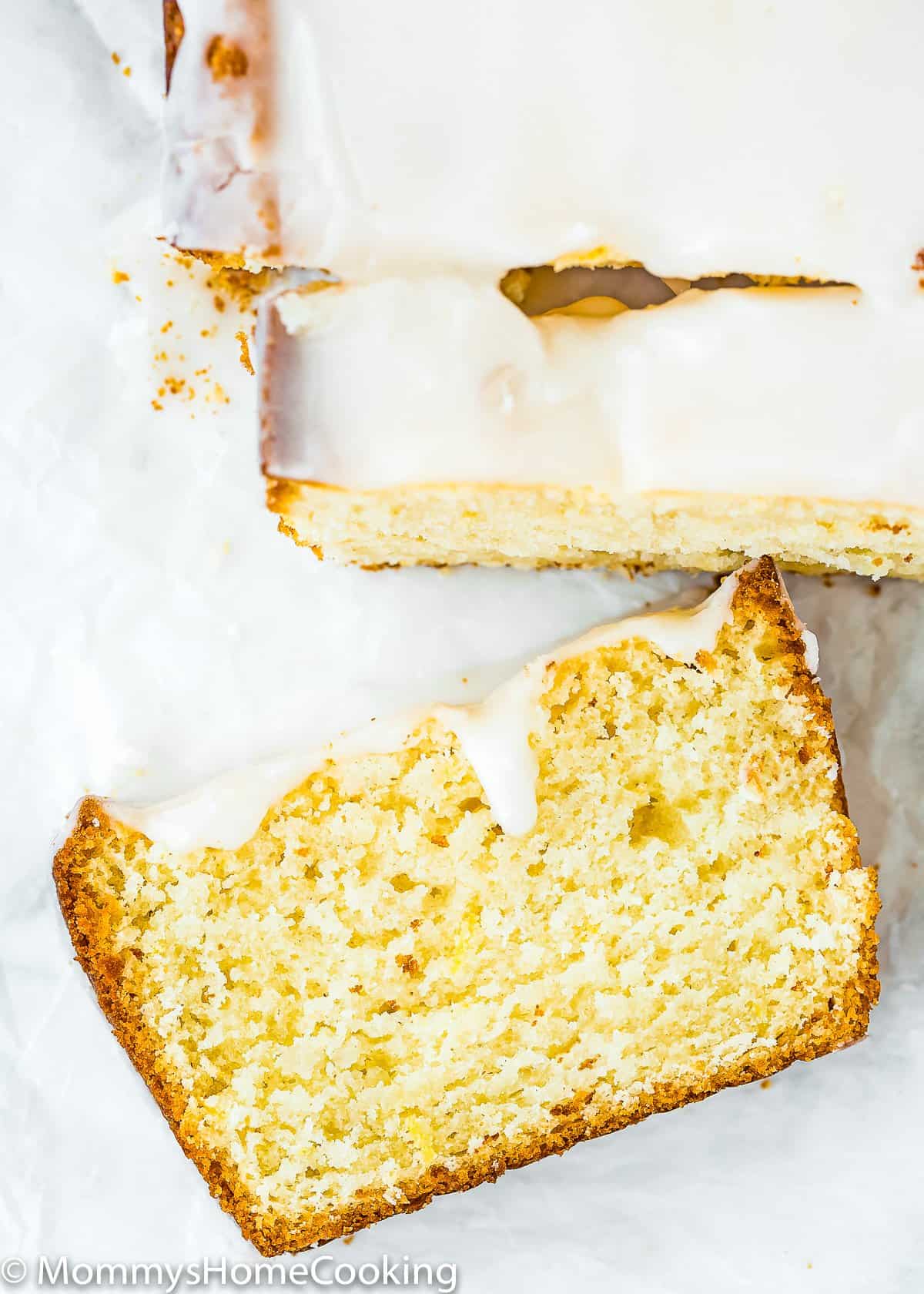 Eggless Lemon Pound Cake slice closeup.