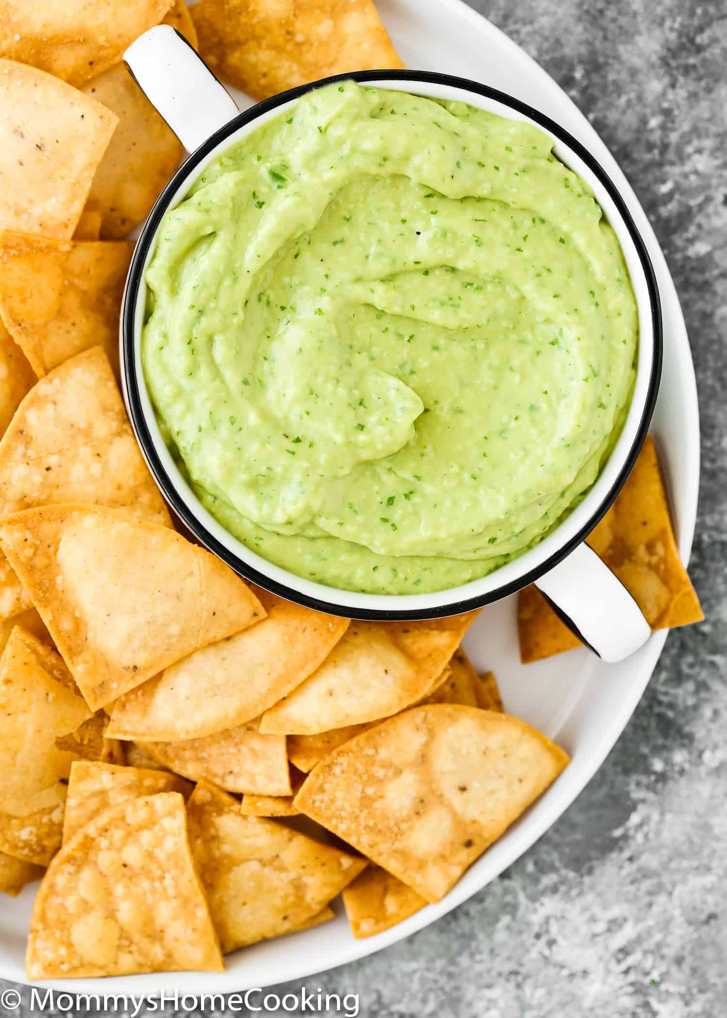 avocado sauce close-up in a plate with chips. 
