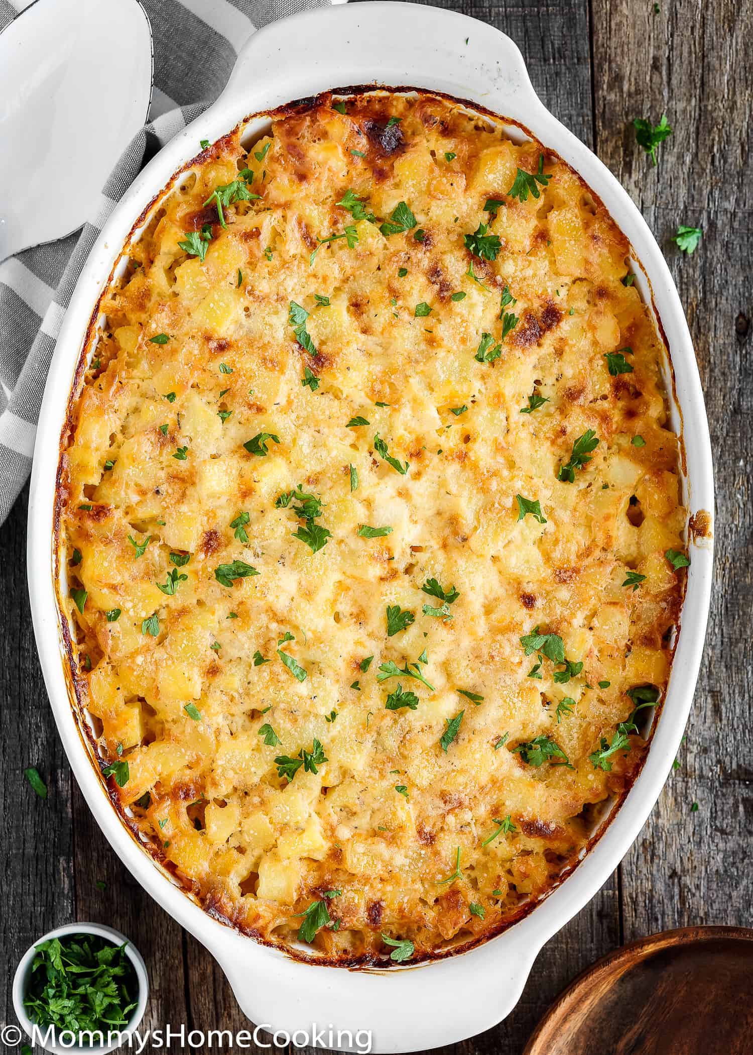 overhead view of a Cheesy Hash Browns Casserole .