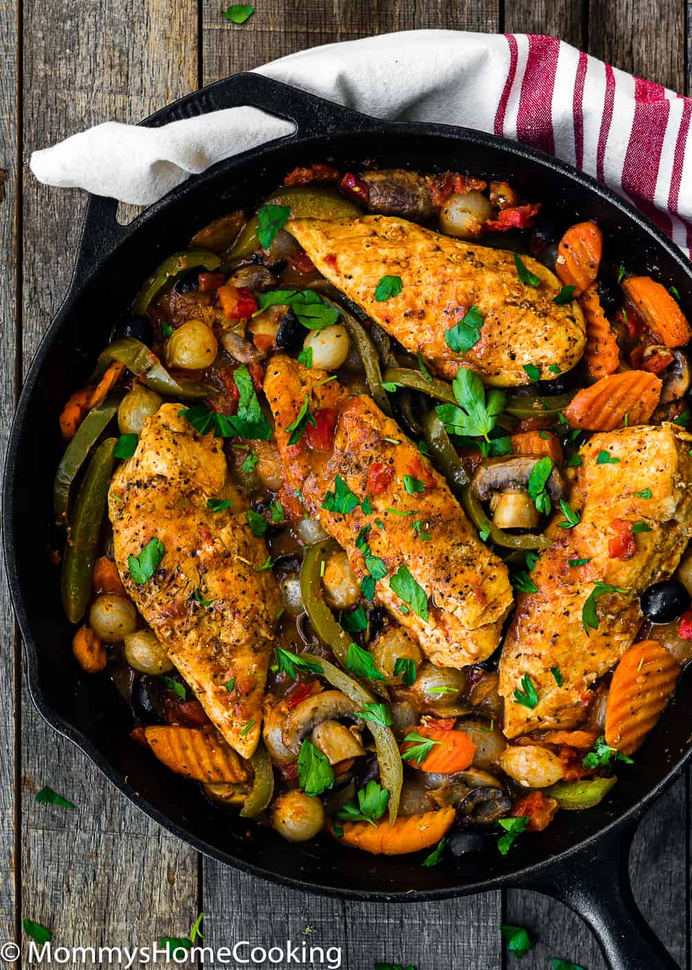 Easy Chicken Cacciatore in a cast iron skillet 