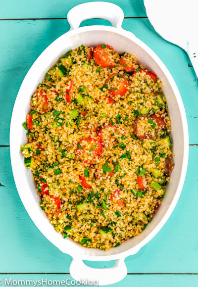 white salad bowl with Couscous Tabbouleh Salad