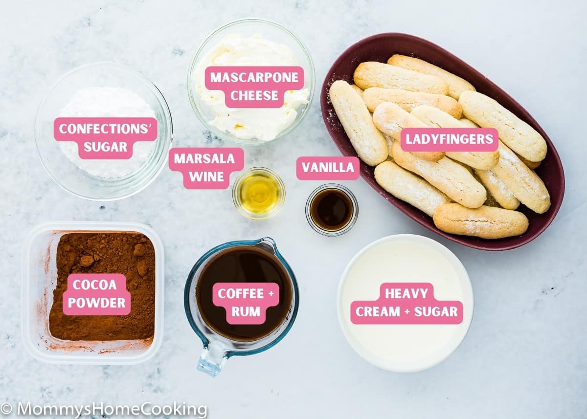 ingredients needed to make tiramisu without egg with name tags.