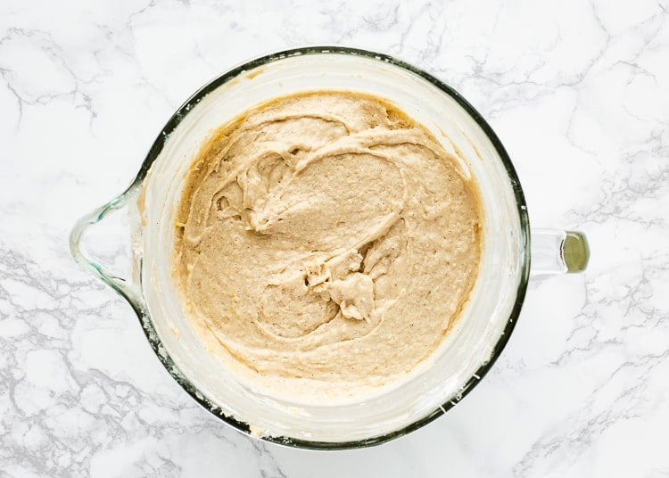 egg-free banana cake batter in a stand mixer bowl. 