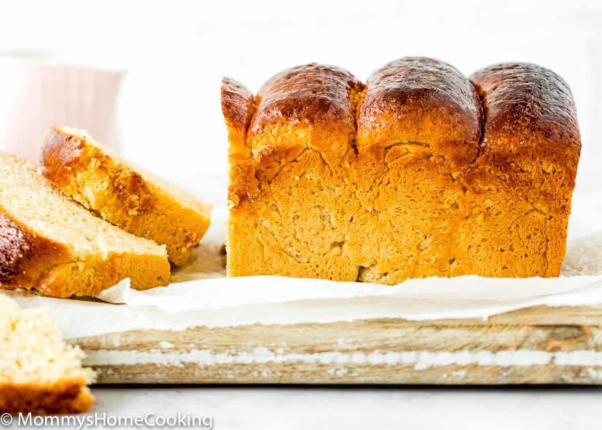 sliced eggless brioche loaf.