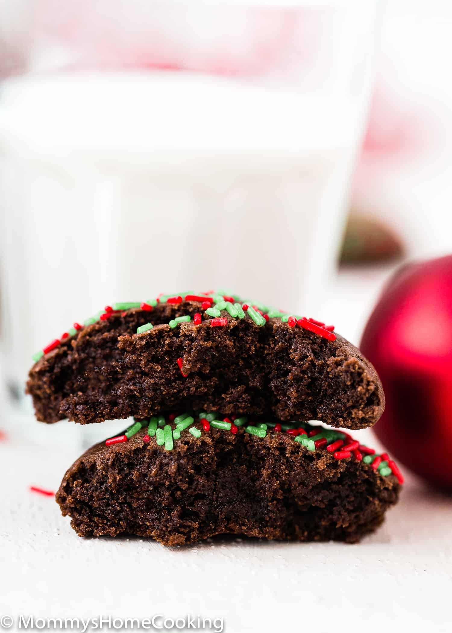  Easy Eggless Cake Mix Christmas Cookies cut into half showing inside texture