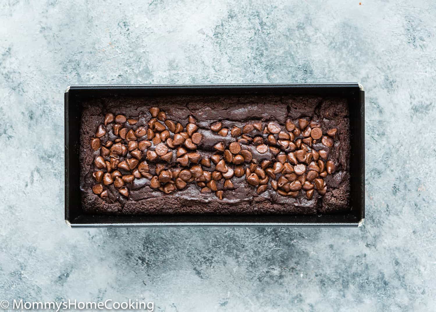 baked Eggless Chocolate Banana Bread in a loaf pan.