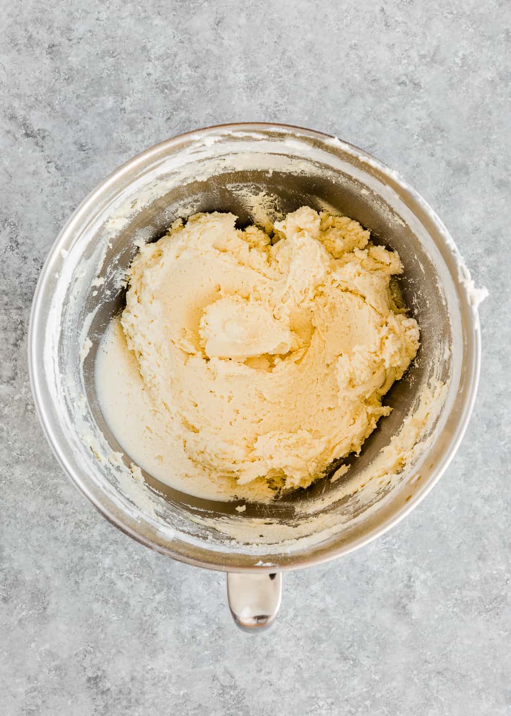 egg-free cookie dough in a stand mixer bowl. 