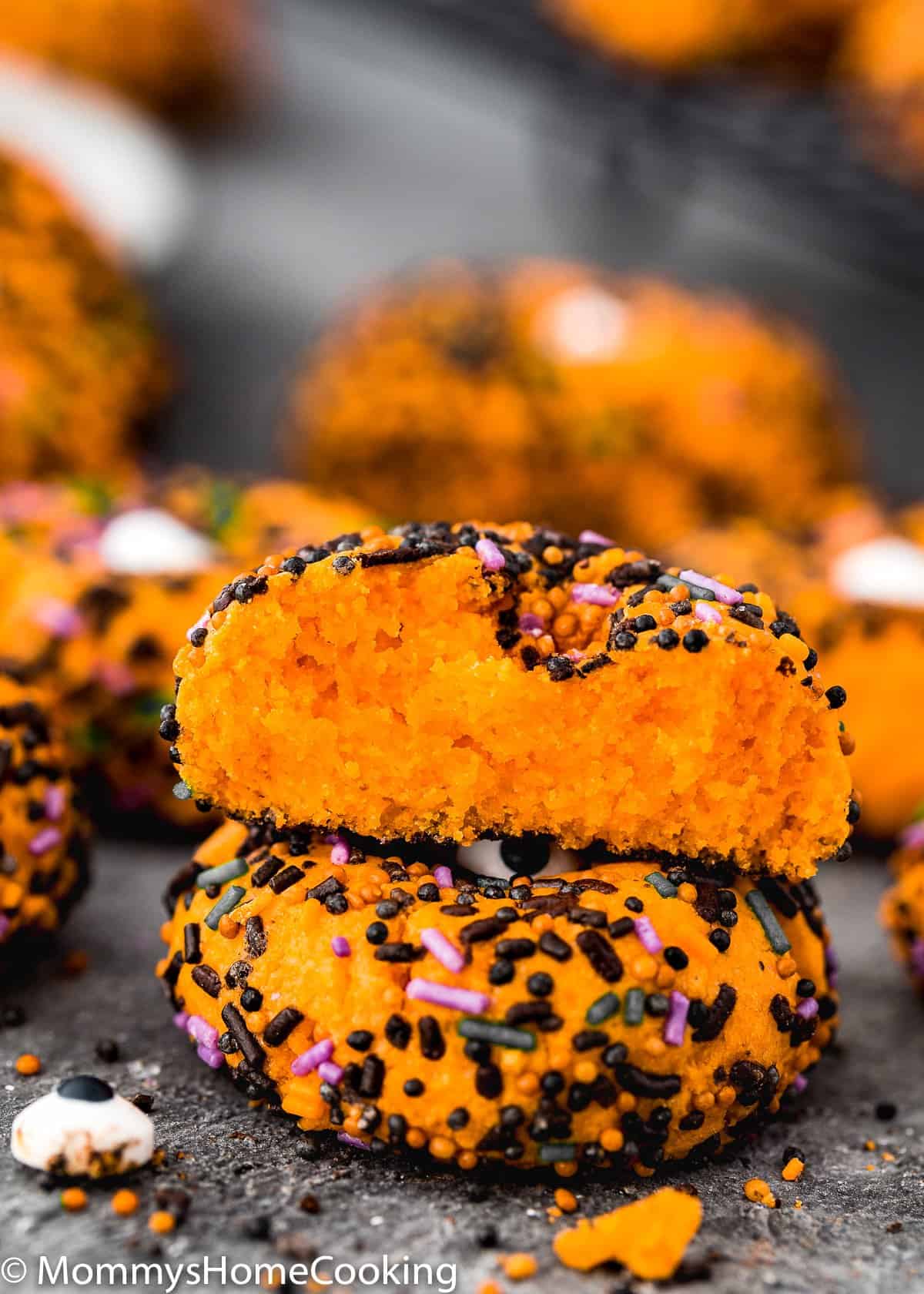 two Eggless Halloween Cookies showing the inside texture.