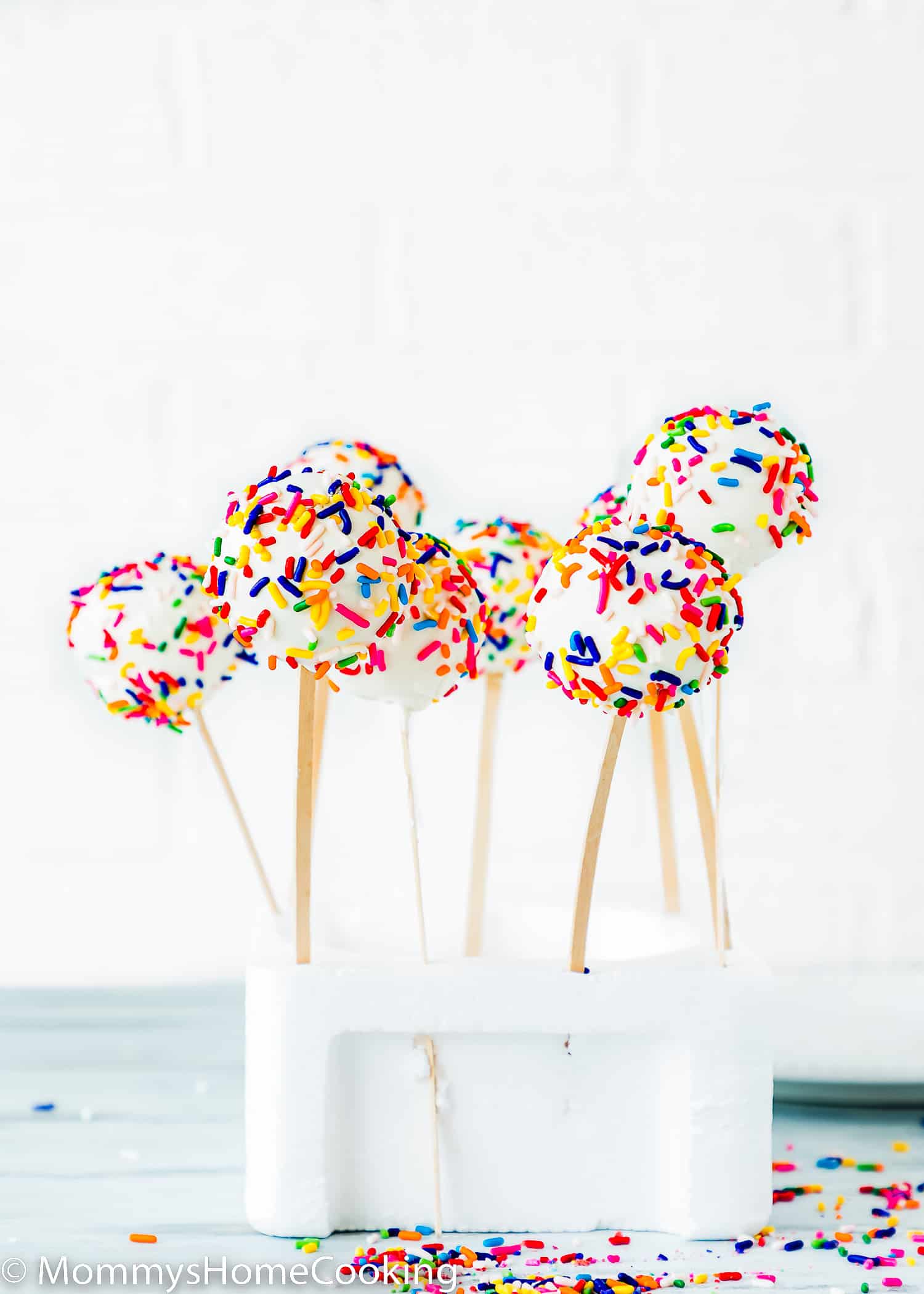 homemade eggless cake pops in a styrofoam block.