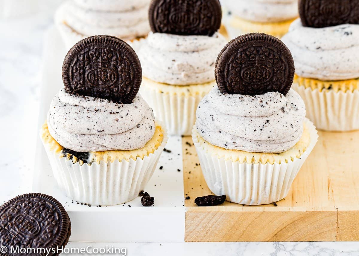 eggless oreo cupcakes with oreo buttercream and a oreo cookie on top.