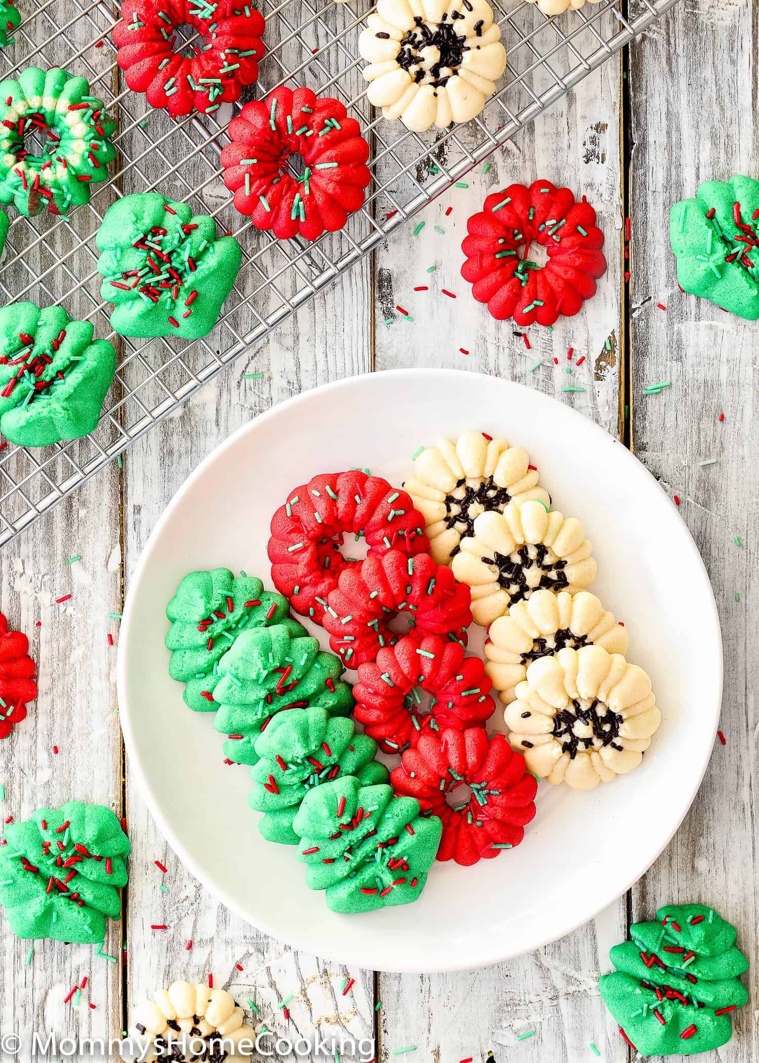 Eggless Spritz Cookies on a plate.