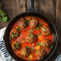 Eggless turkey meat balls in a cast iron skillet