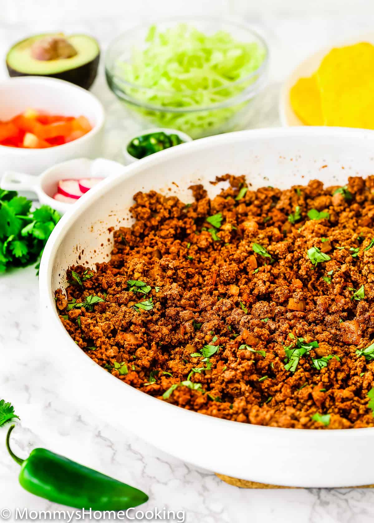 Mexican Style Ground Beef for Tacos in a skillet.