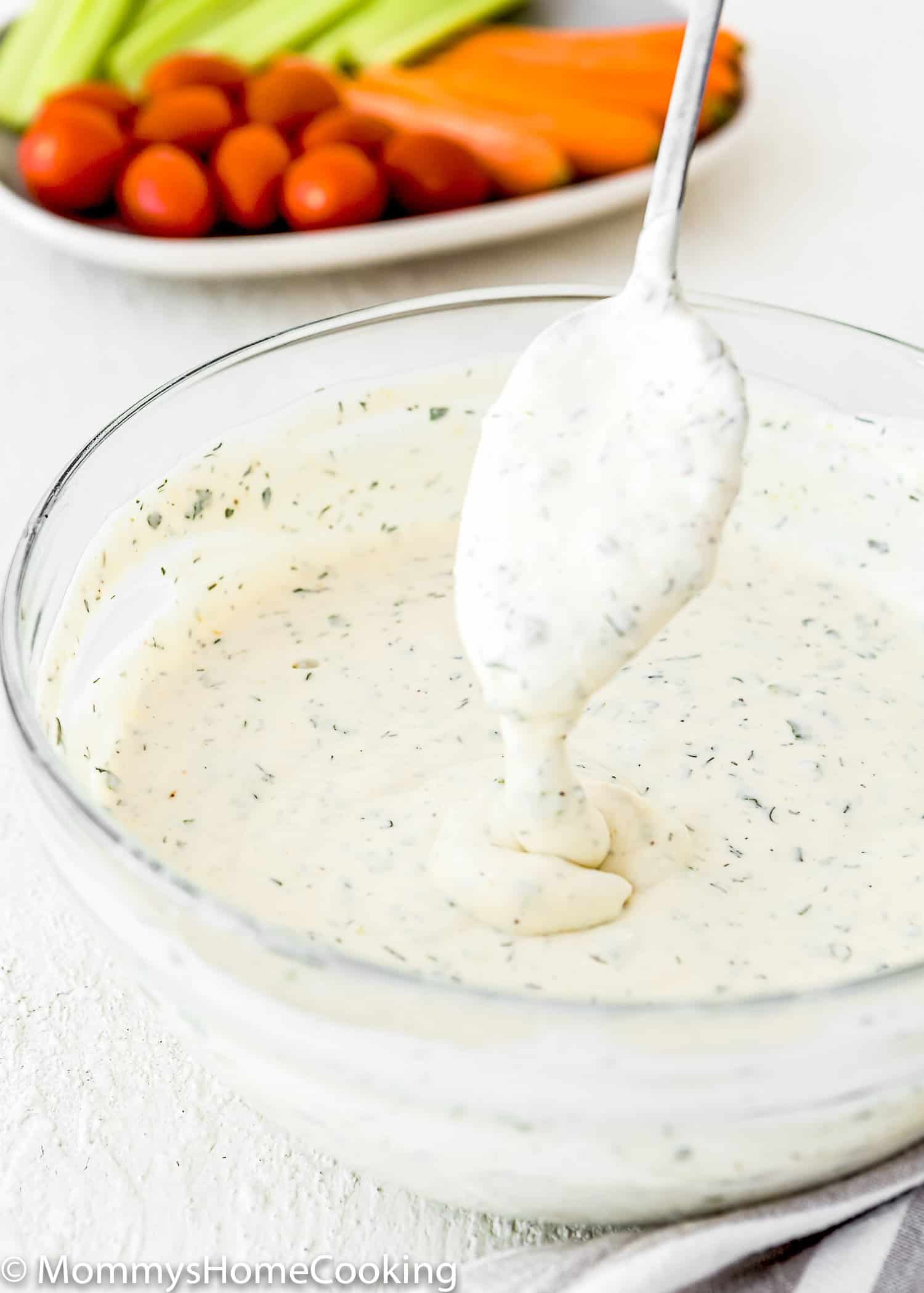 Creamy Homemade Eggless Ranch Dressing in a bowl.