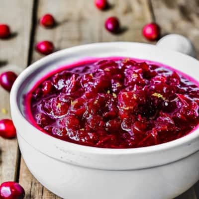 Cranberry Sauce in a white serving bowl
