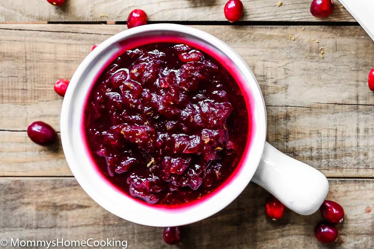 overhead view of Cranberry Sauce in a bowl.