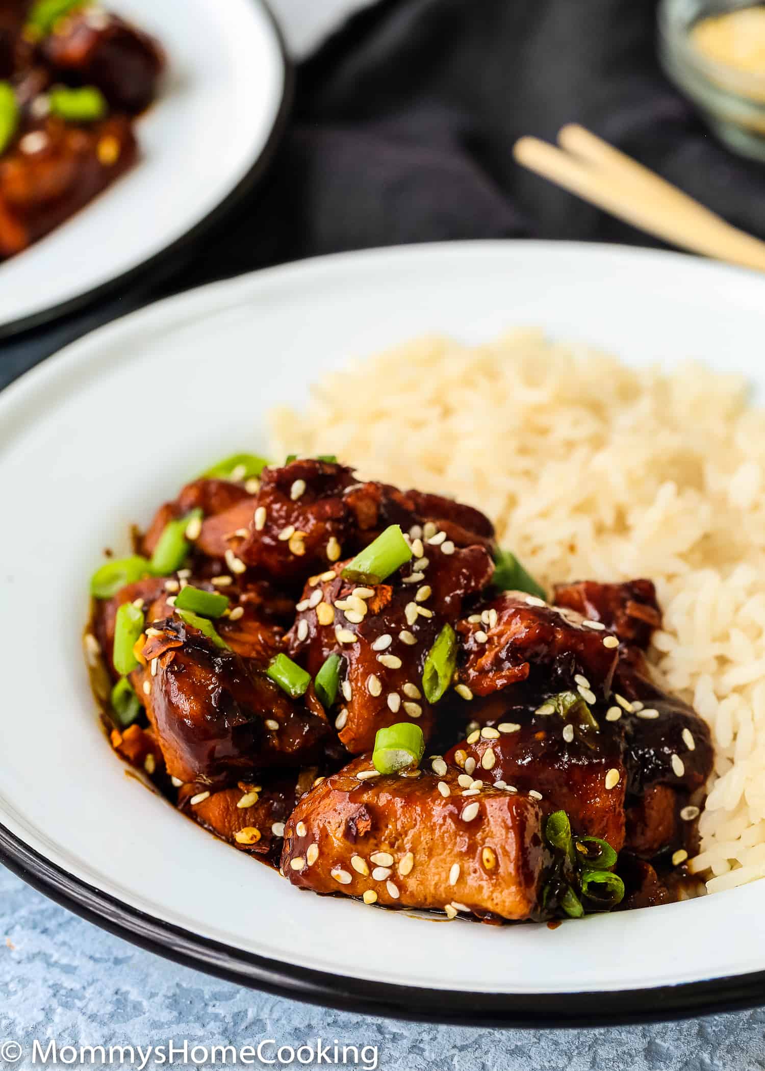 Close up of a plate of pressure cooker general tso's chicken.