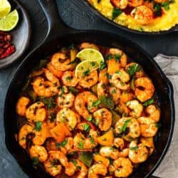 Easy Peri Peri Shrimp in a cast iron skillet