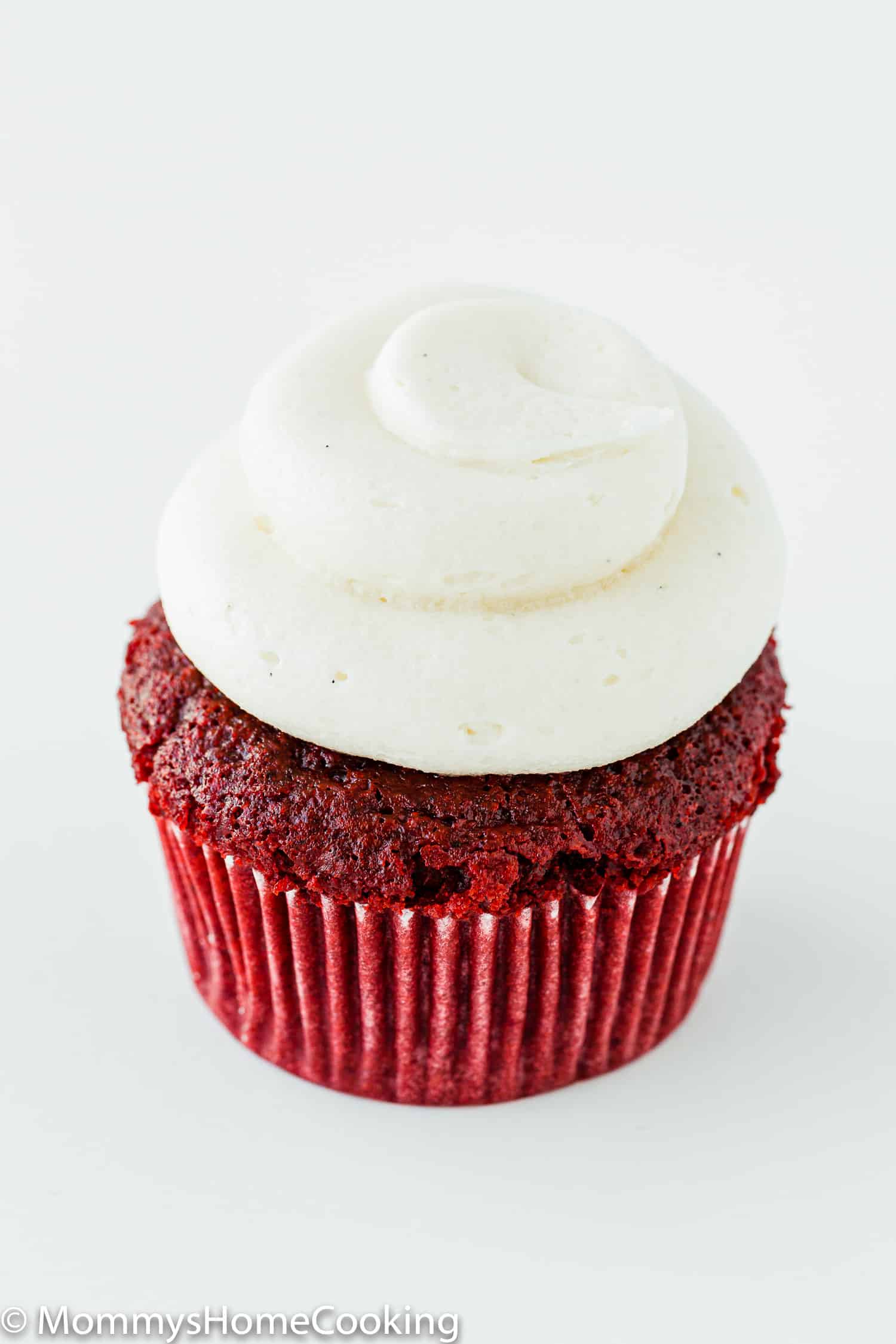 baked egg-free red velvet cupcake with cream cheese frosting.