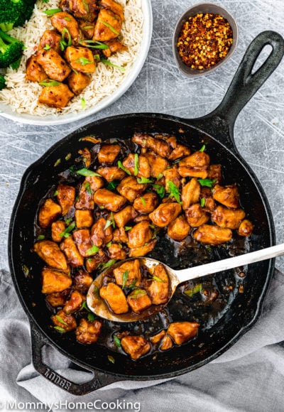 overview of Easy Sticky Bourbon Chicken in a cast iron skillet