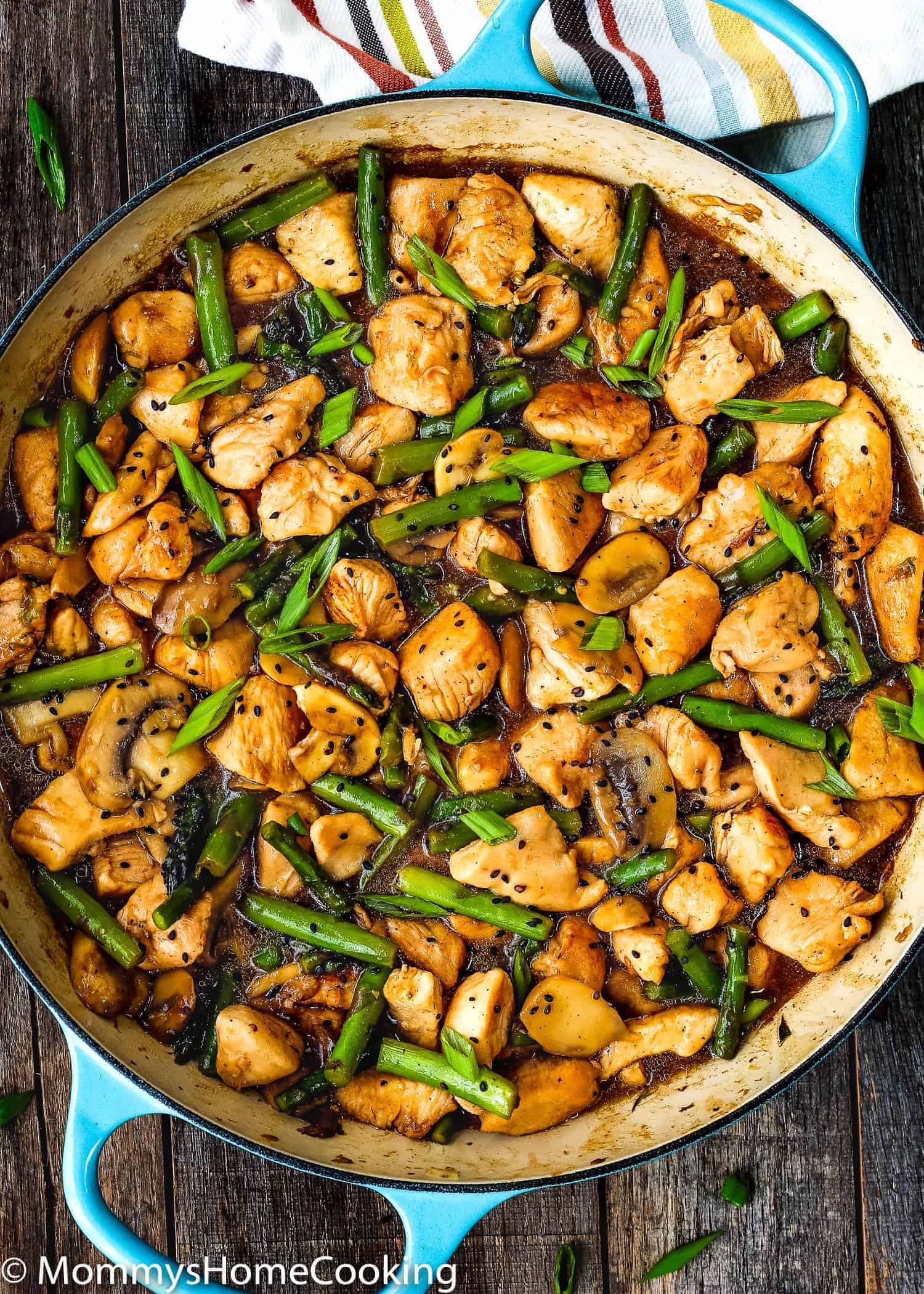 overhead view of  Easy Healthy Chicken and Asparagus Skillet .