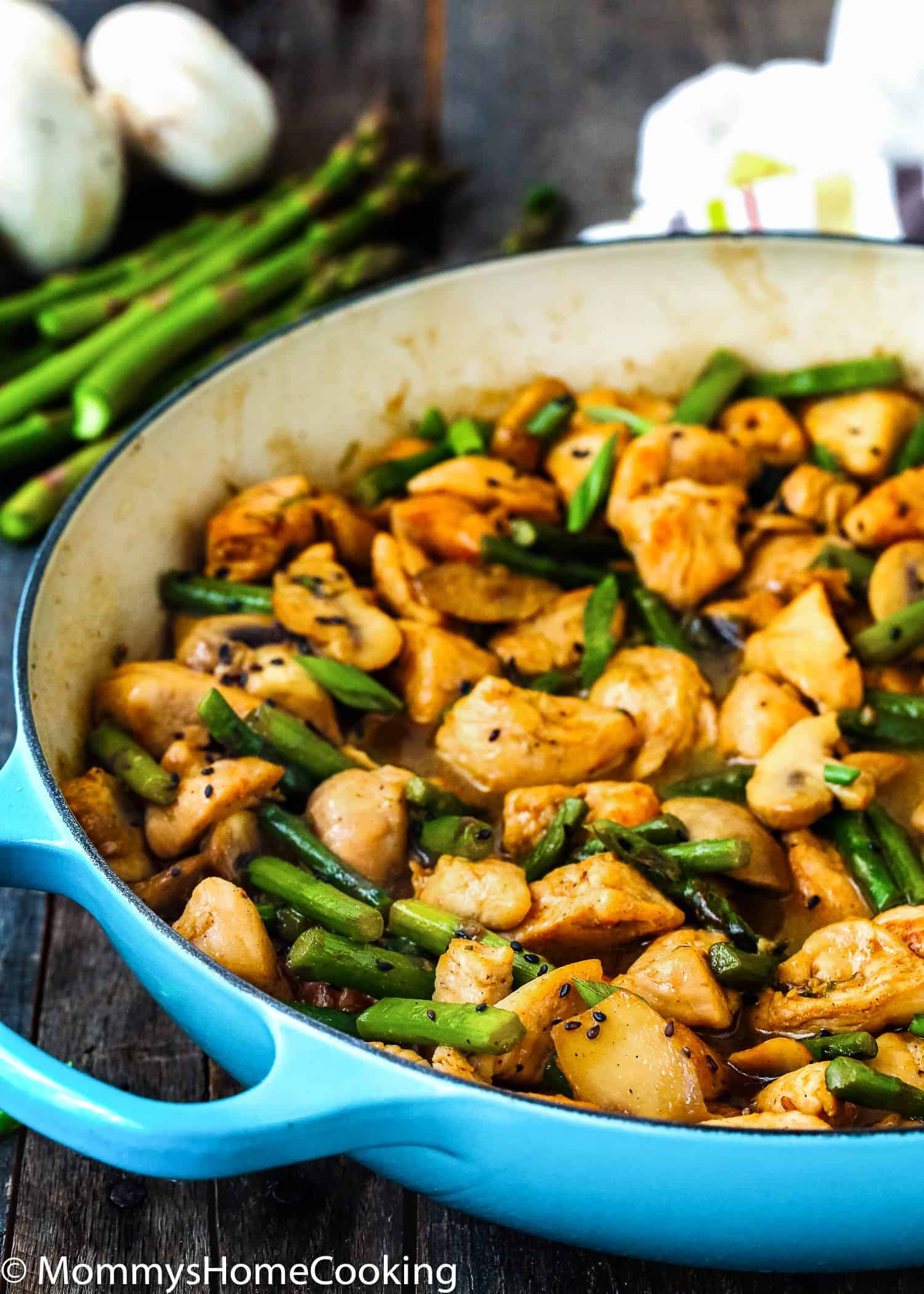 a blue skillet with Healthy Chicken and Asparagus 