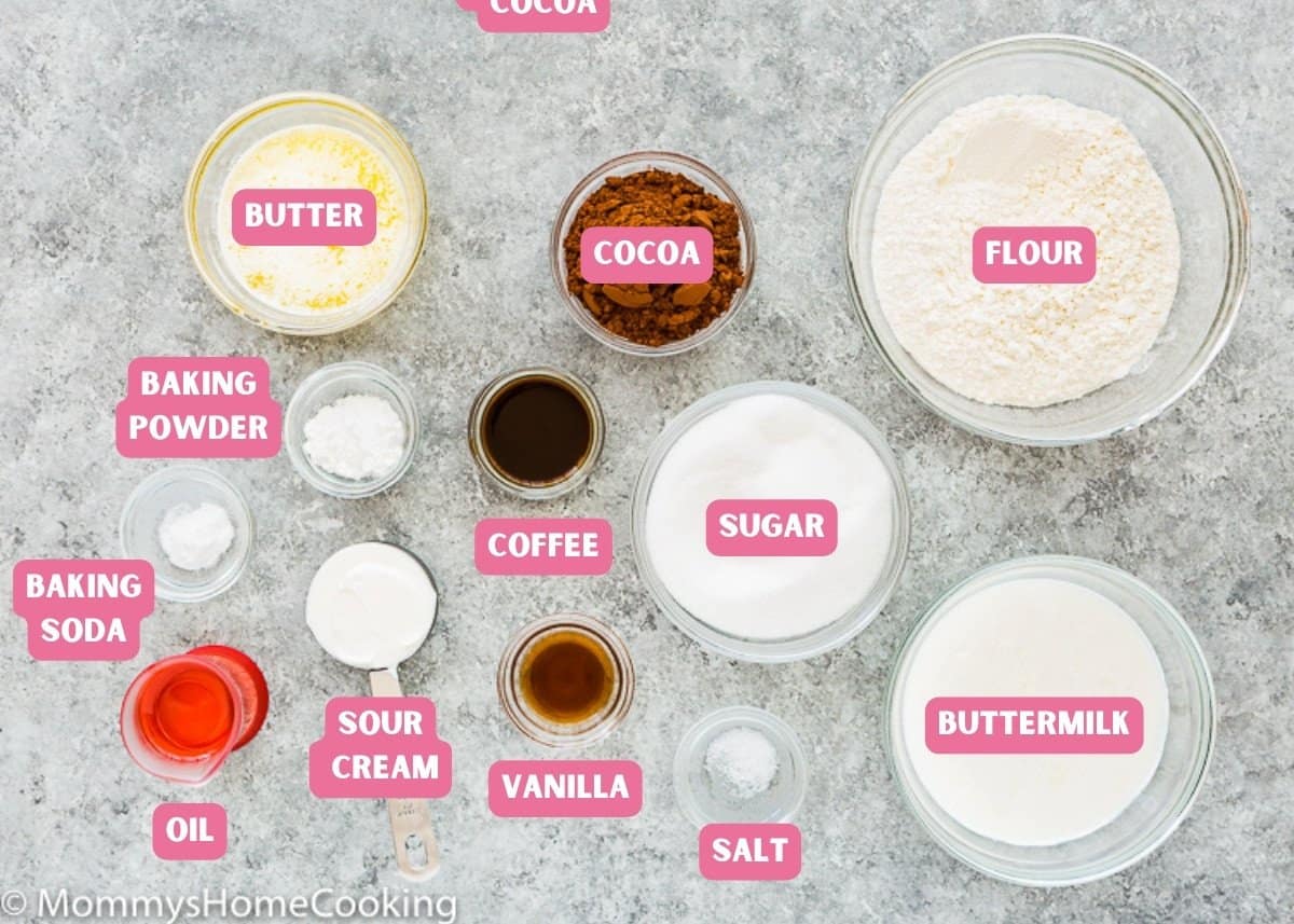 egg-free german chocolate cake ingredientes with name tags.