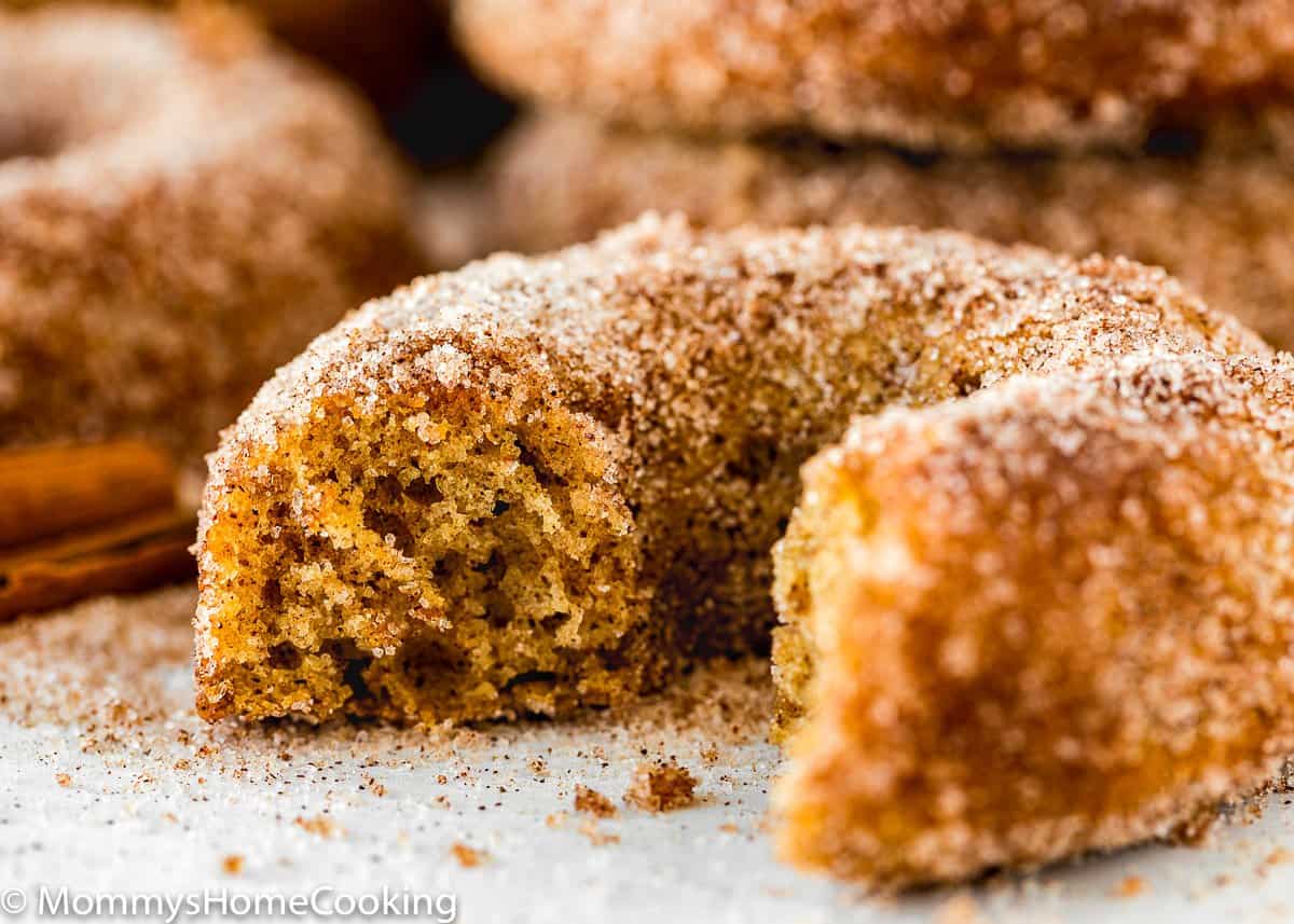 bitten Eggless Apple Cider Donut showing its fluffy inside texture