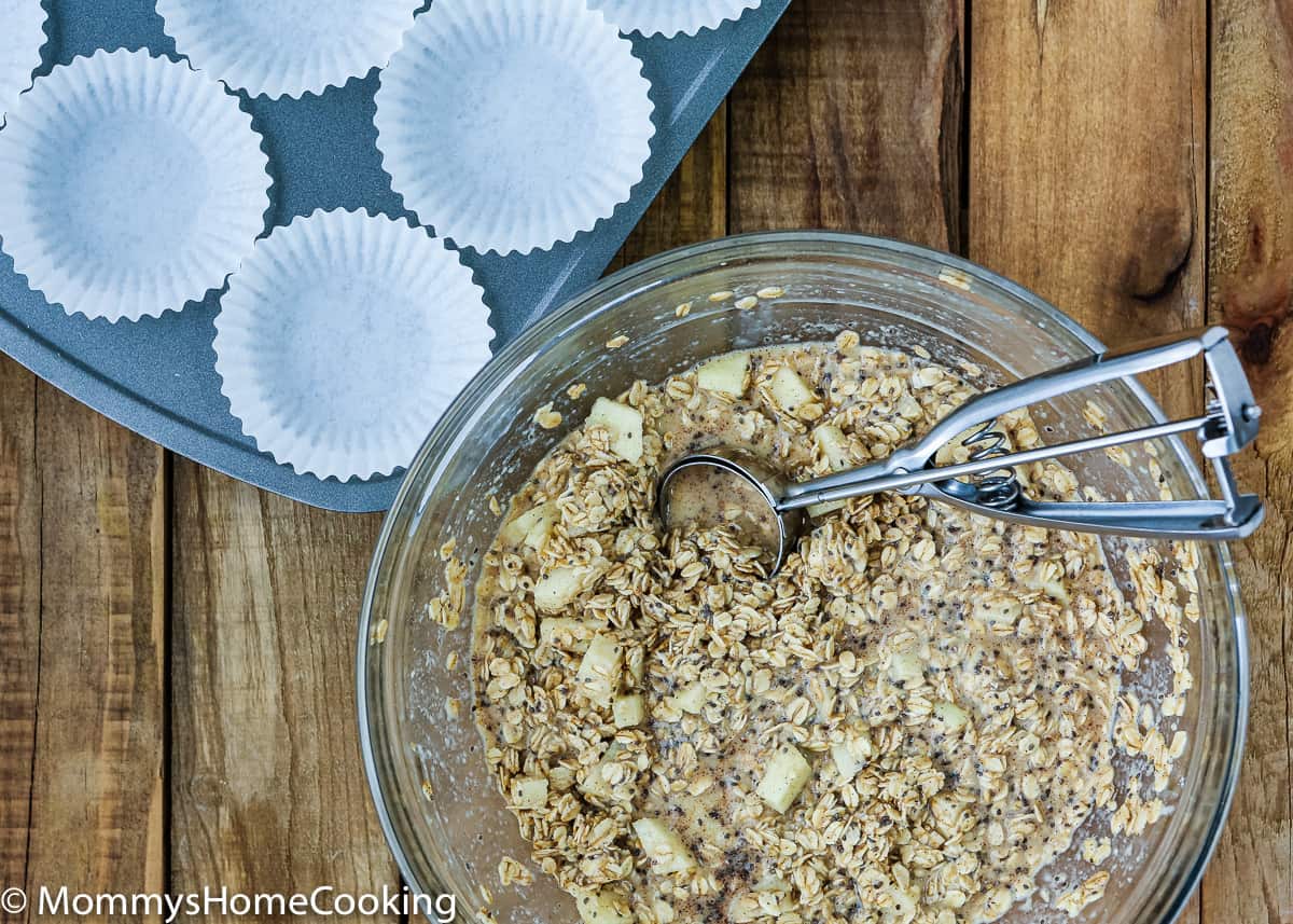 egg-free baked apple oatmeal muffins batter in a bowl