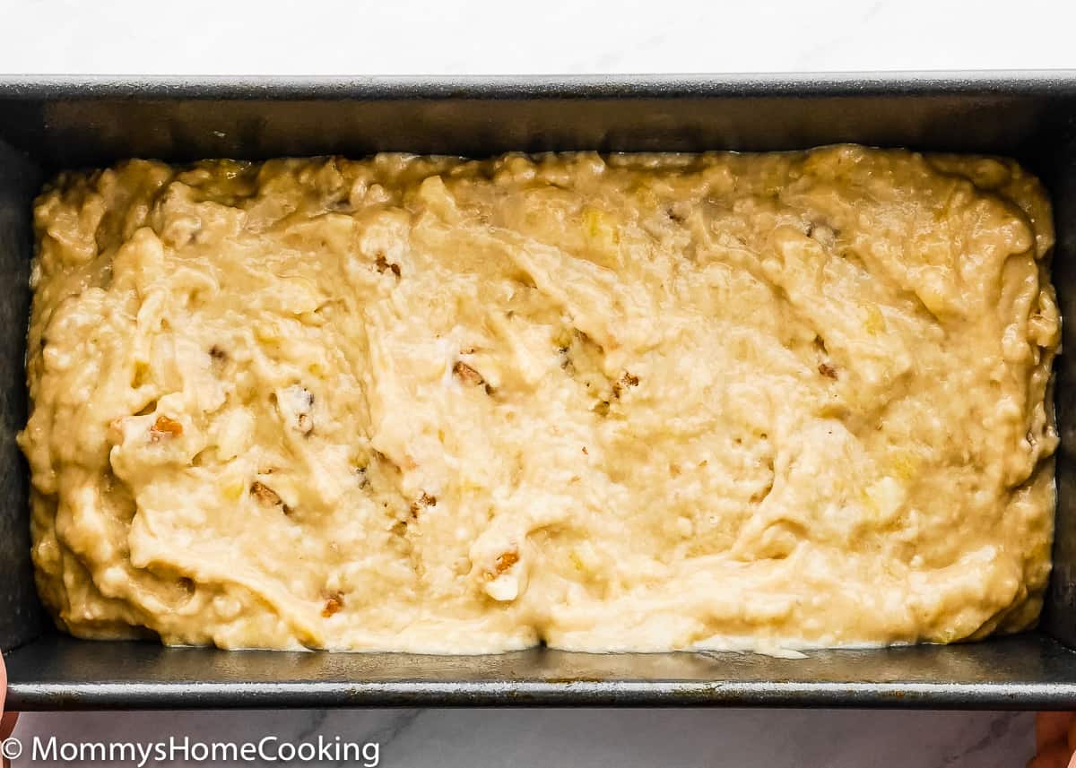 eggless banana bread batter in a loaf pan