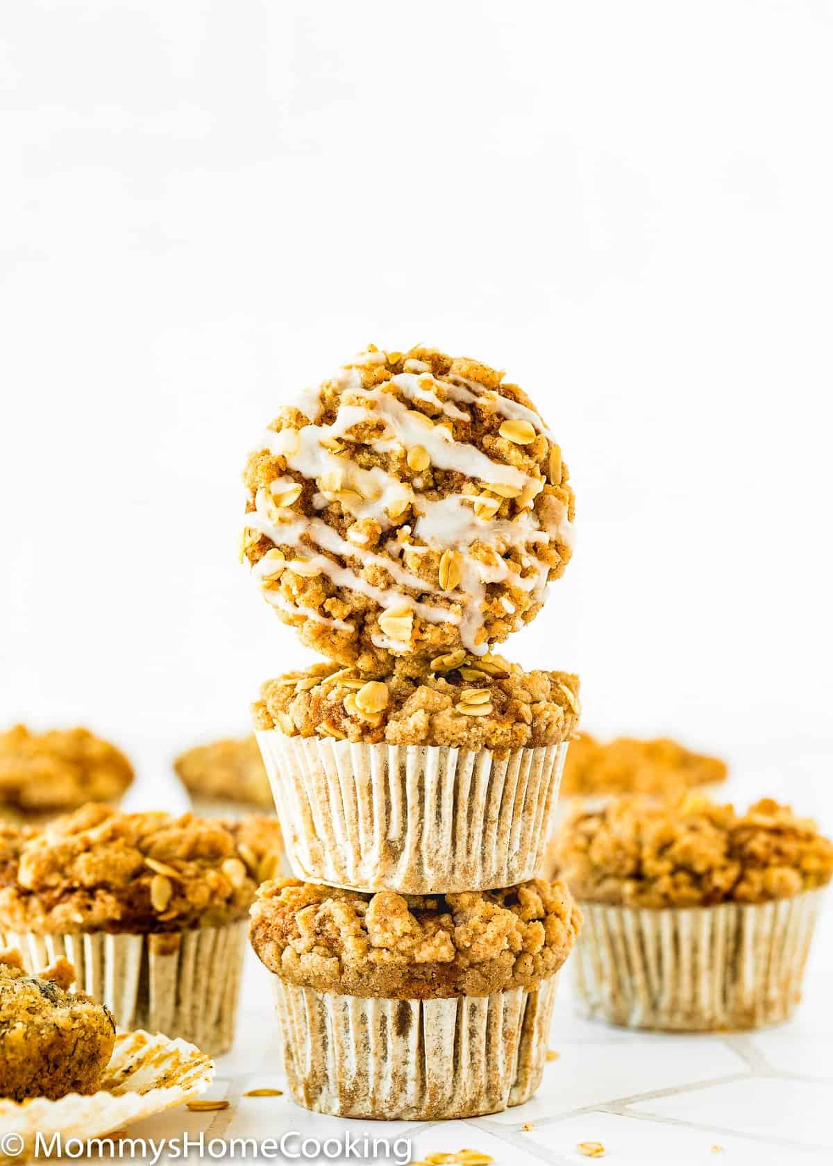 stack of three Eggless Banana Crumb Muffins.