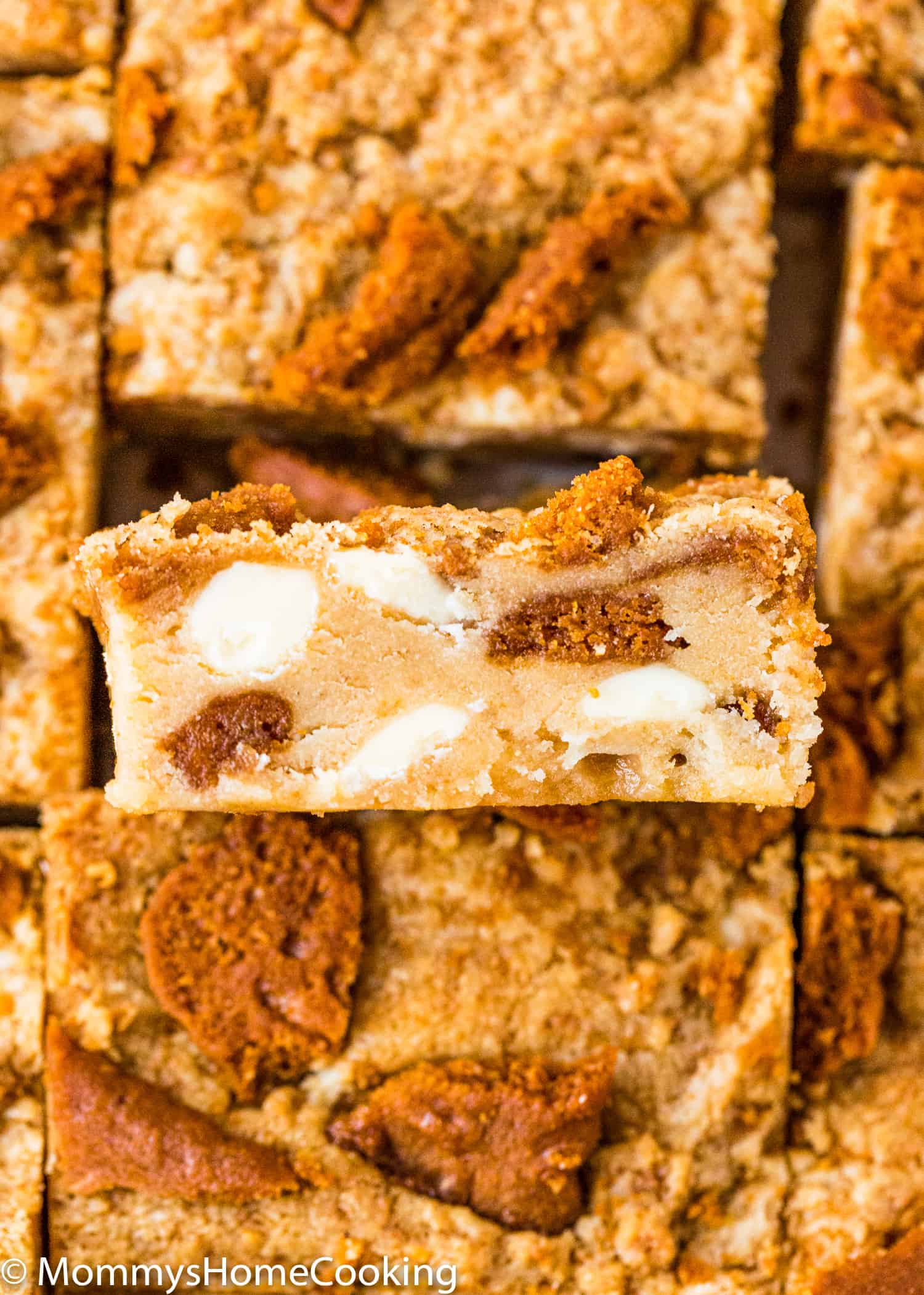 closeup look of a Eggless Biscoff White Chocolate Blondie.