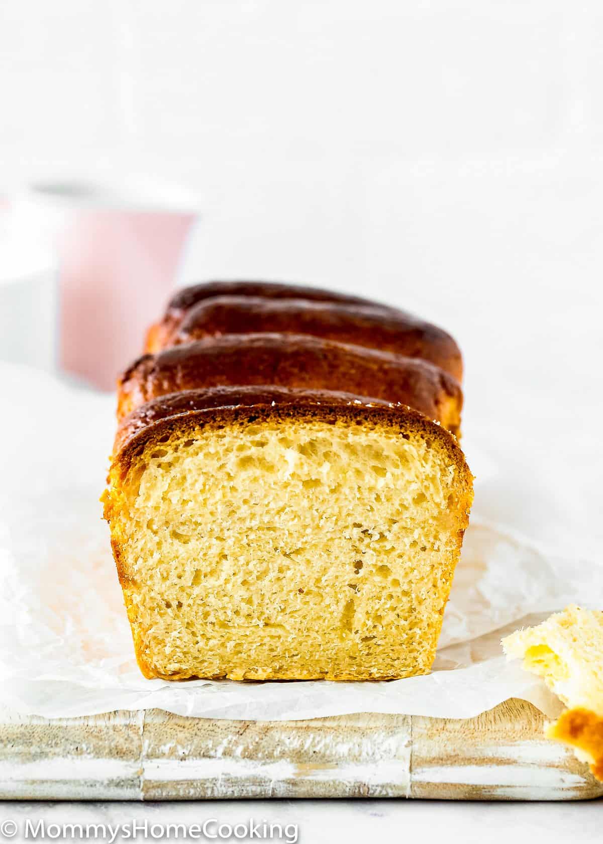 Eggless brioche bread sliced showing inside texture. 