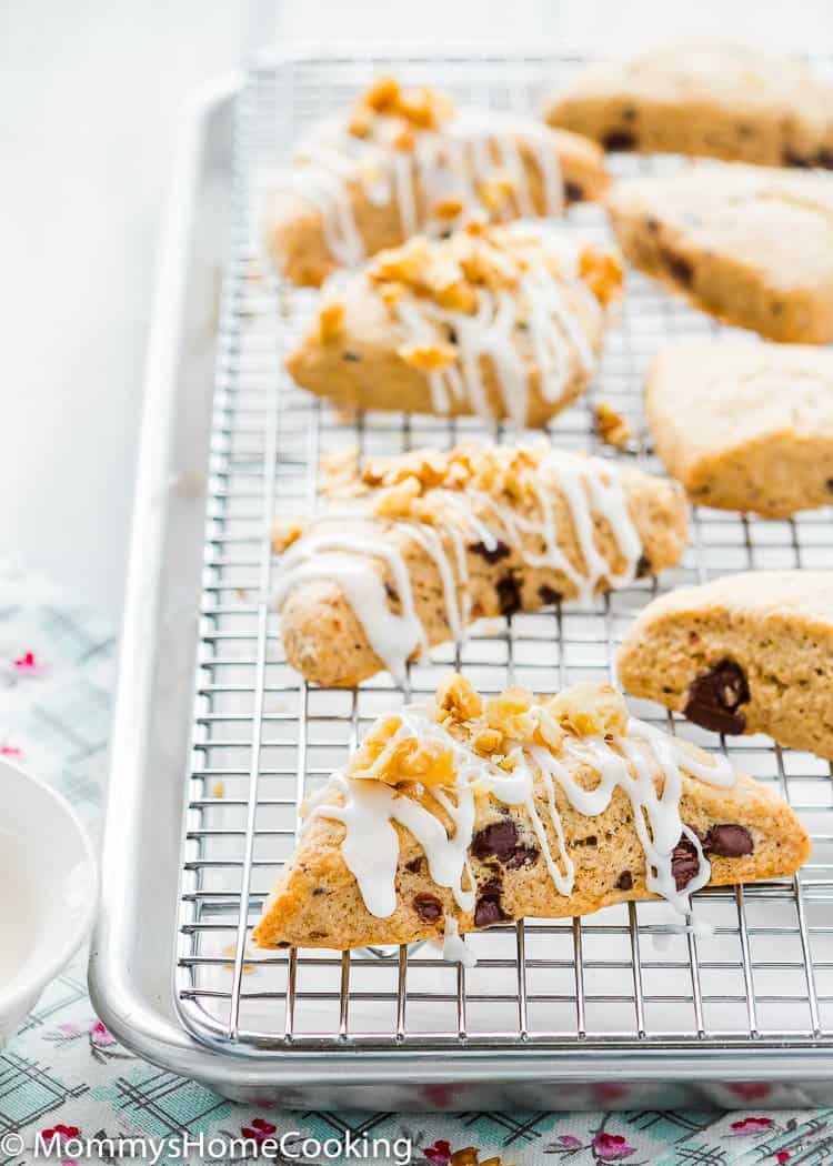 Eggless Chocolate Chip Scones over a cooling rack