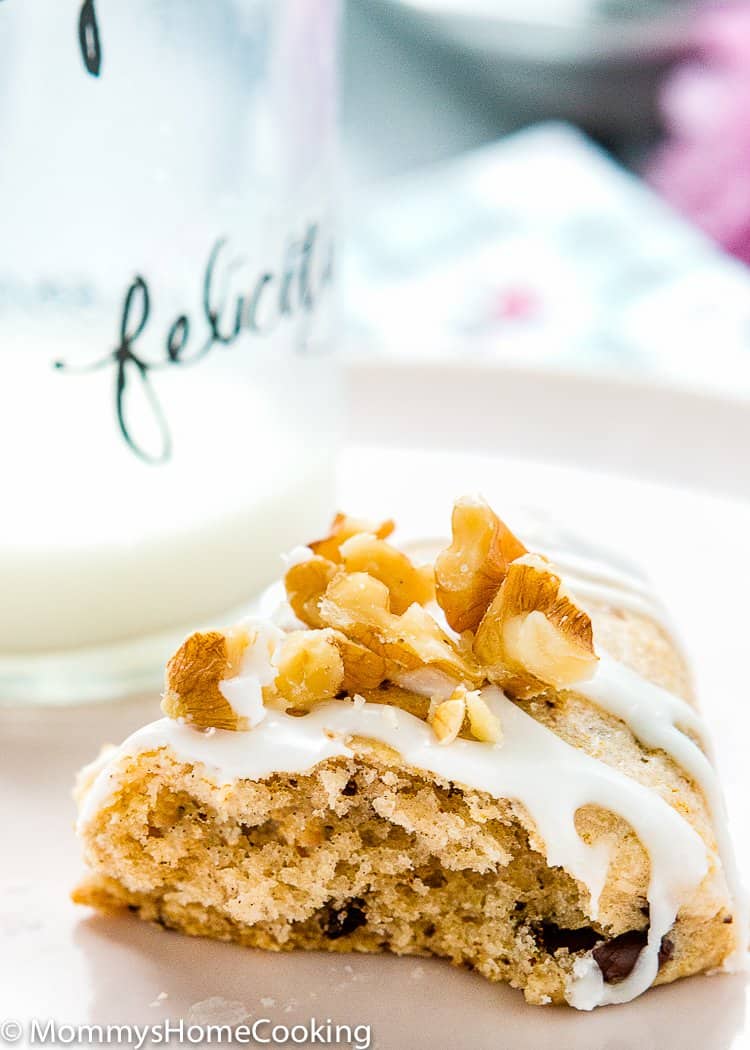 Eggless Chocolate Chip Scone cut open showing the inside texture with glaze 