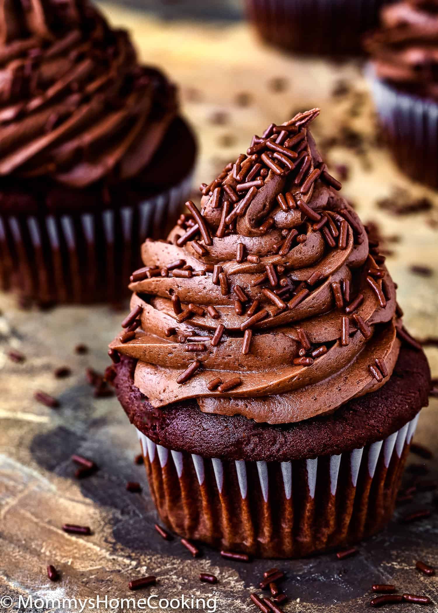 Eggless Chocolate Cupcakes with chocolate frosting and chocolate jimmies.