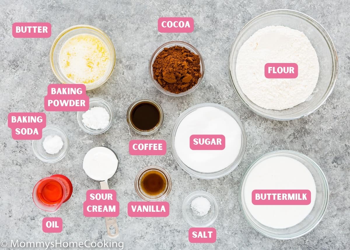 Ingredients to make egg-free chocolate cupcakes with name tags. 