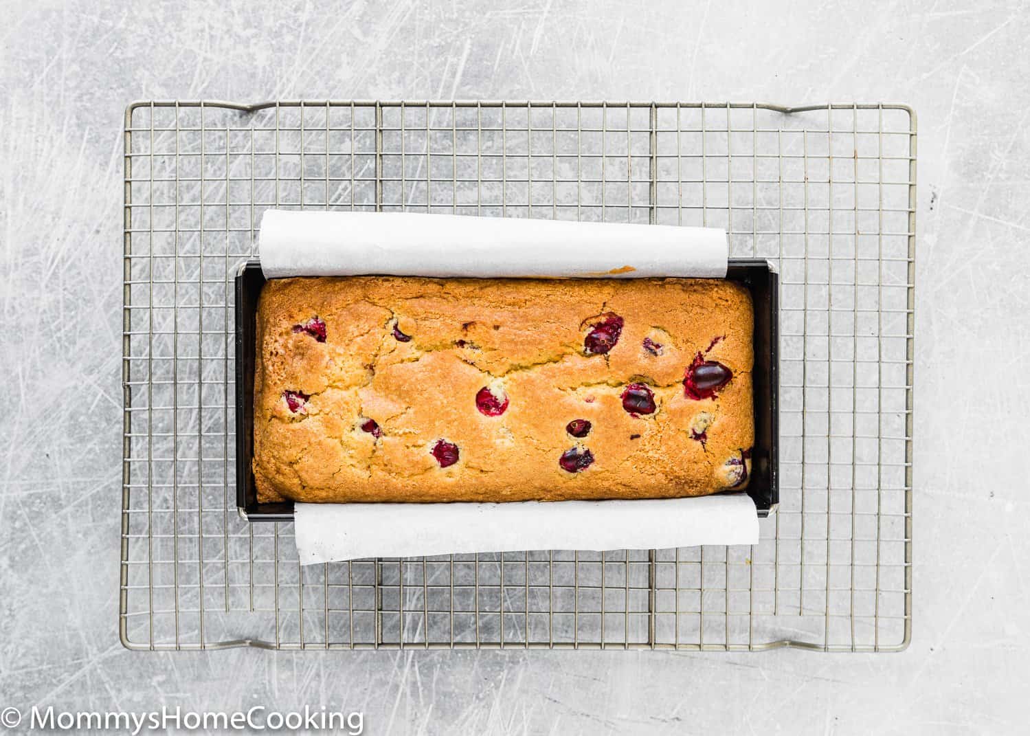 baked Eggless Cranberry Orange Bread in a loaf pan.