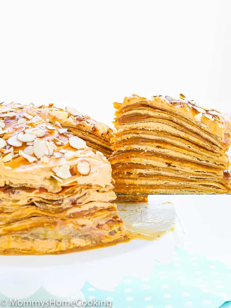 slice of Eggless Dulce de Leche Crepe Cake