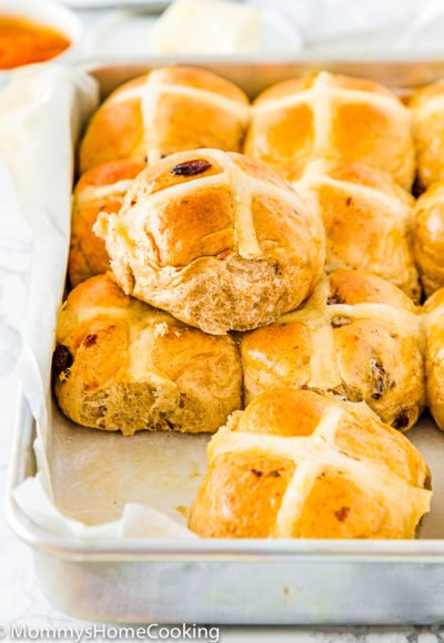 a Eggless Easter Hot Cross Buns in a baking tray
