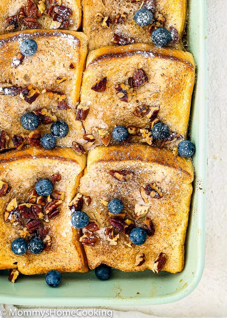 egg free french toast in a baking dish