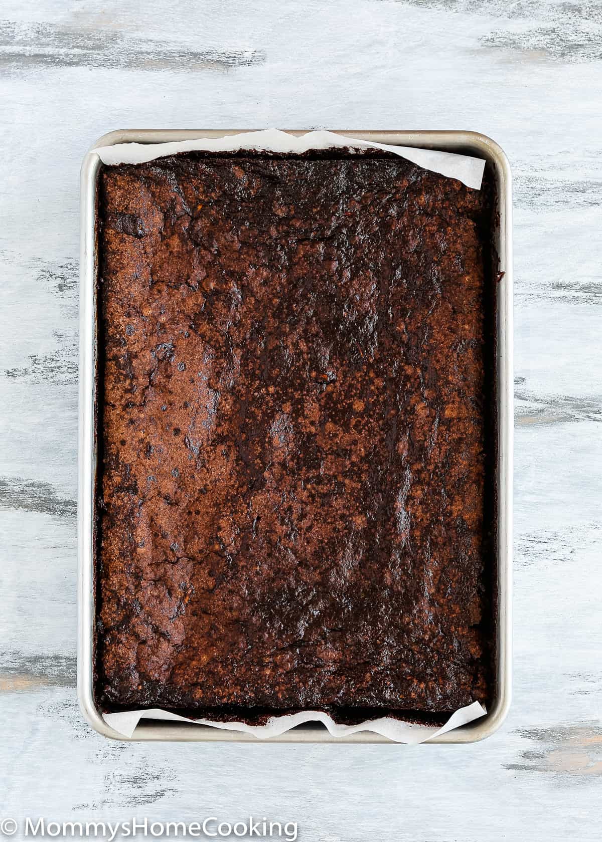 baked Eggless Fudgy Zucchini Brownies in a baking tin