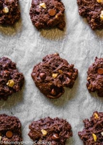 overhead view of bake eggless healthy double chocolate chunk walnut cookies
