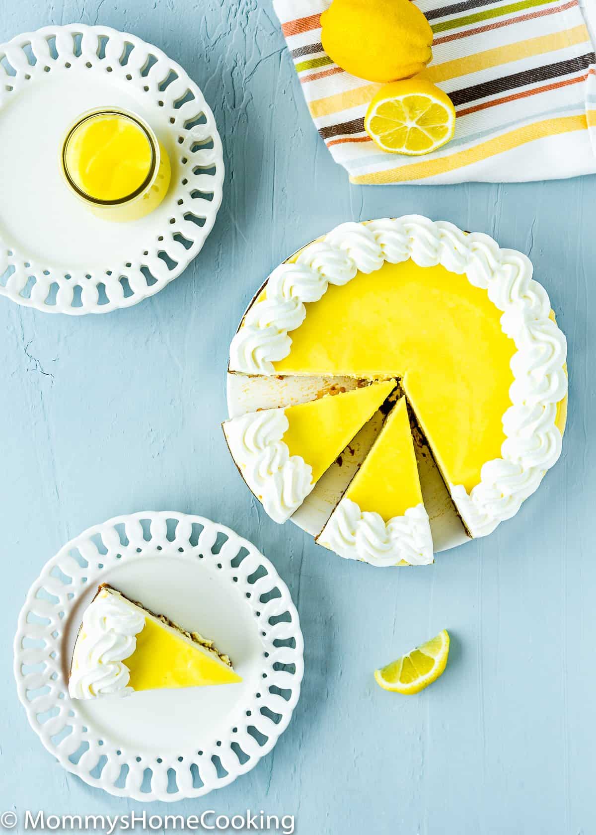 overhead view of a eggless lemon cheesecake sliced.