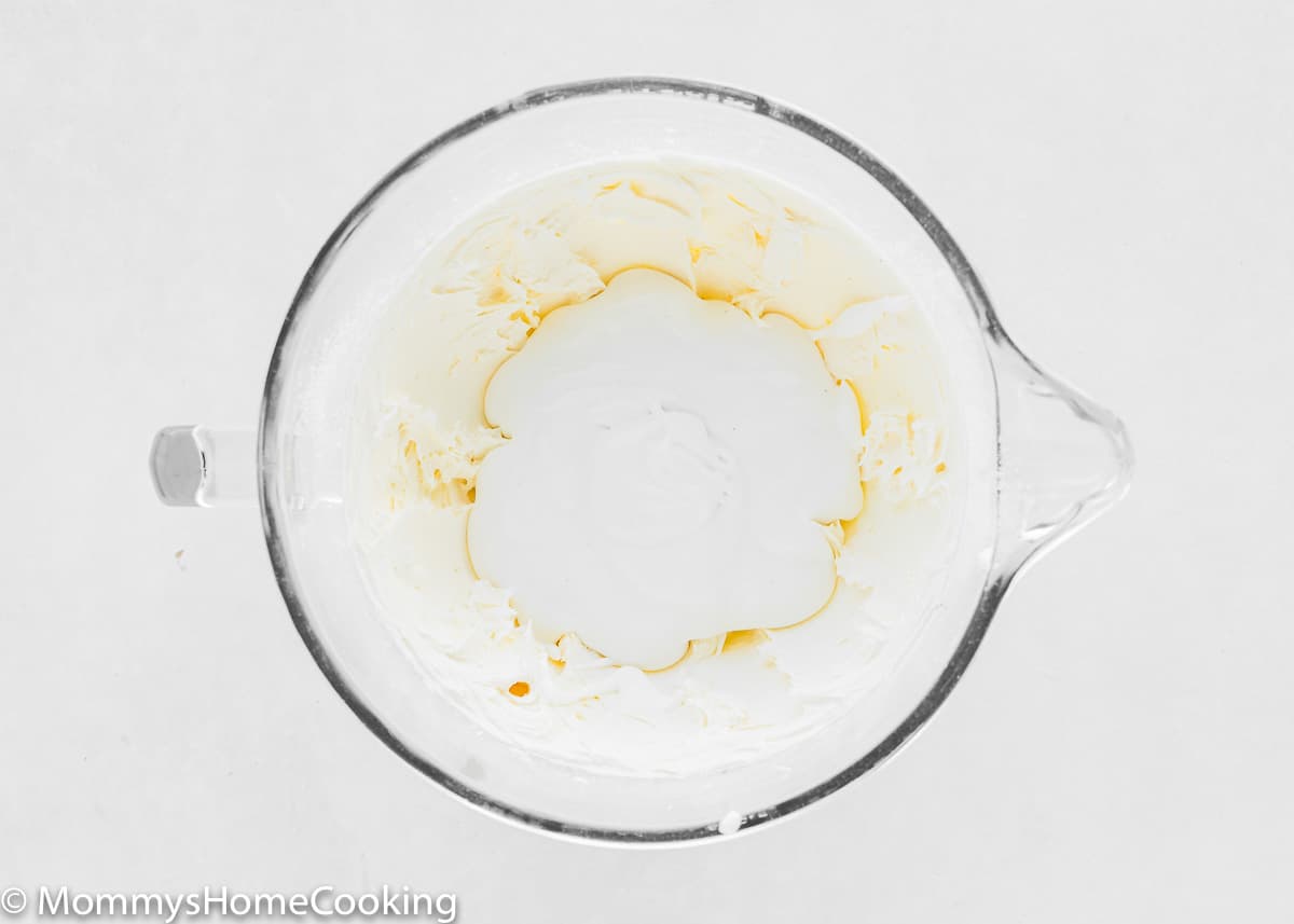 butter cream and egg-free marshmallow creme in a mixing bowl.