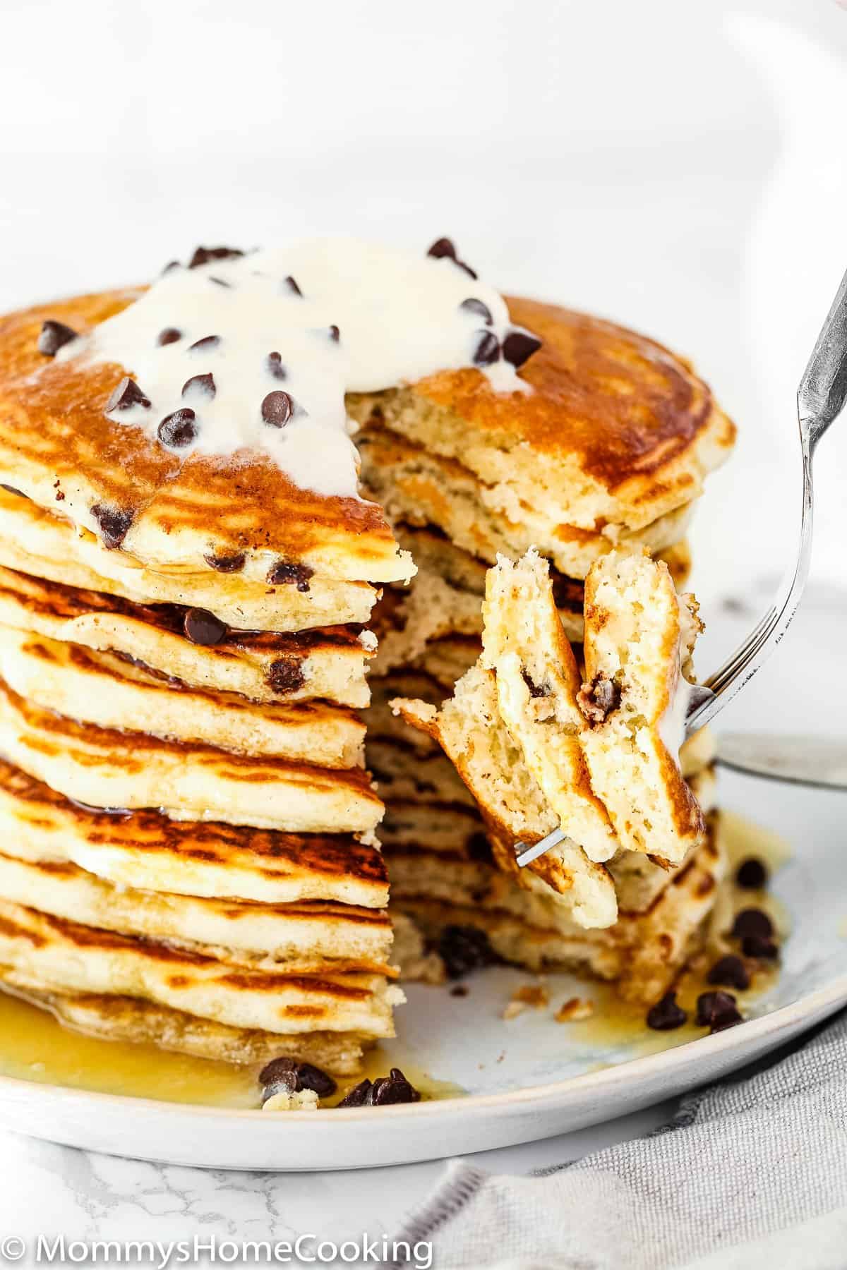 a fork holding Eggless Pancakes